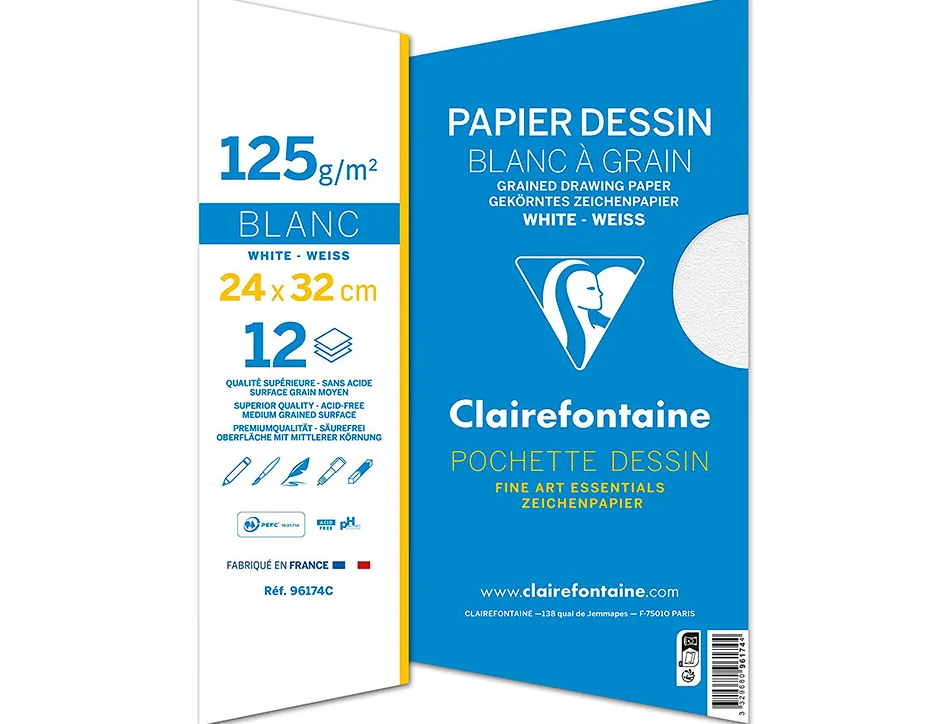 Pochette dessin grain clairefontaine blanc 125gr 24x32cm 12f