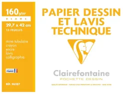 Pochette dessin et lavis clairefontaine papier 160g surface lisse format . format a3 29,7 x 42cm 10 feuilles
