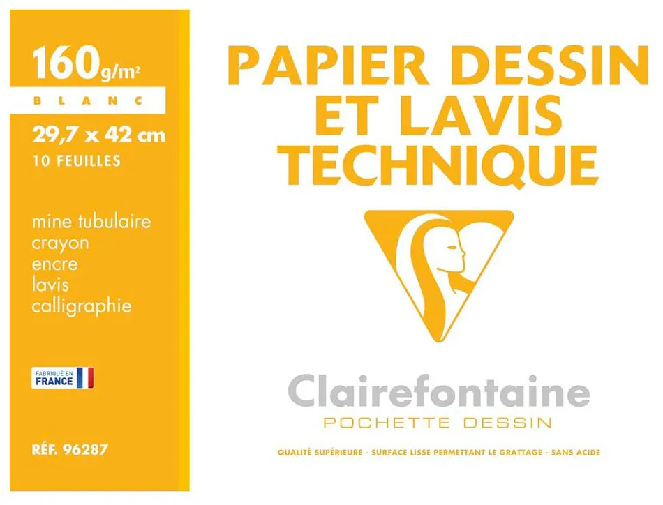 Pochette dessin et lavis clairefontaine papier 160g surface lisse format . format a3 29,7 x 42cm 10 feuilles