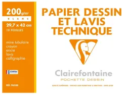 Pochette dessin et lavis clairefontaine papier 200g surface lisse format . format a3 29,7 x 42cm 10 feuilles
