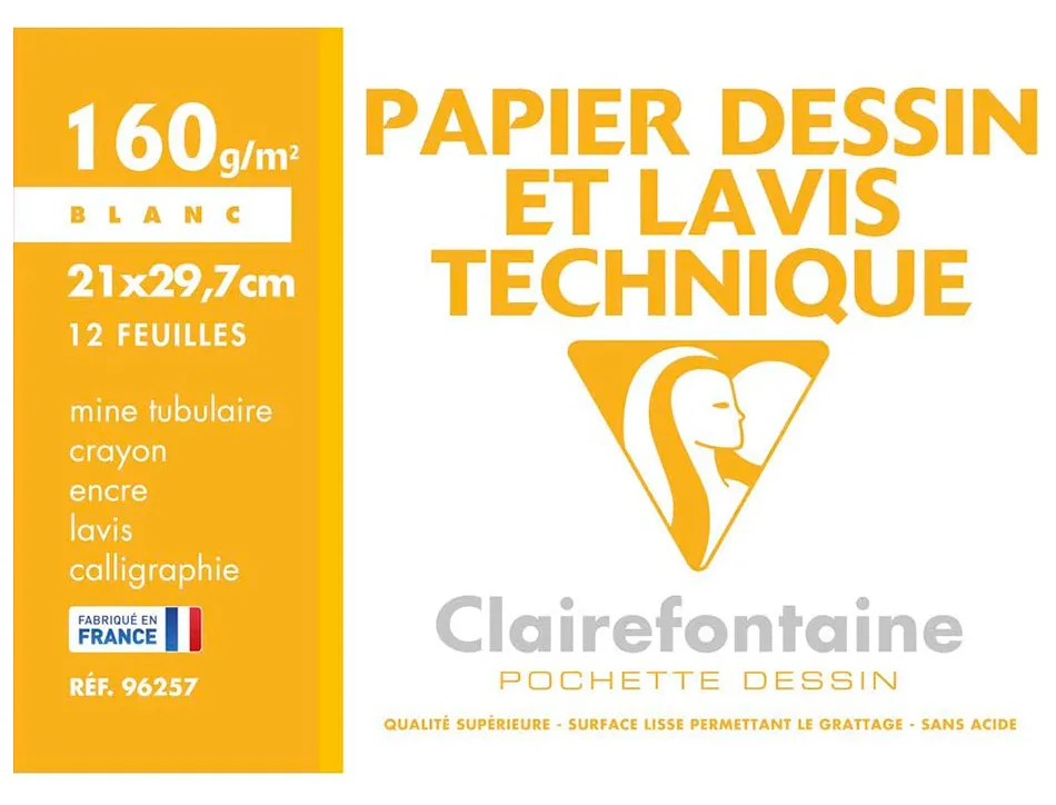 Pochette dessin et lavis clairefontaine papier 160g surface lisse format a4 21 x 29,7 cm 12 feuilles