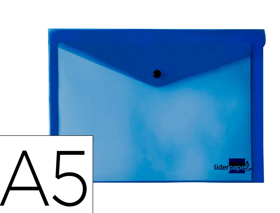 Pochette enveloppe liderpapel polypropylène 180 microns a5 210x148mm 50f fermeture bouton résistant transparent bleu