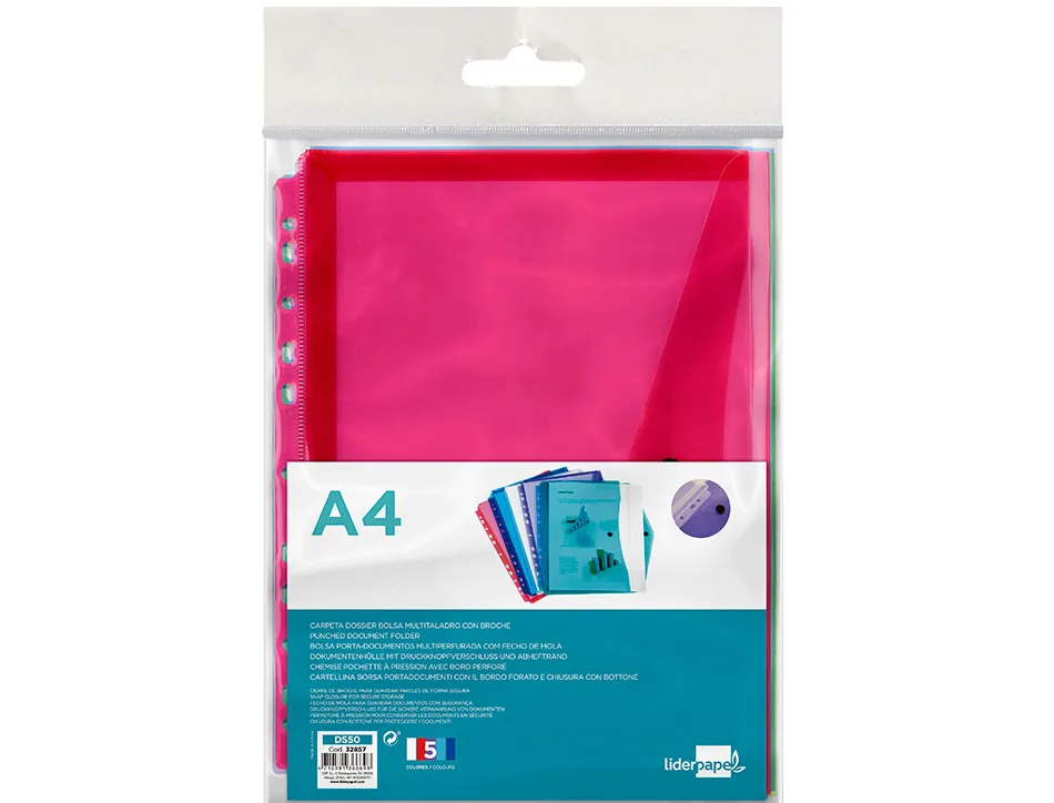 Pochette enveloppe liderpapel polypropylène 180 microns a4 210x297mm 50f résistant perforée coloris assortis pack 5u