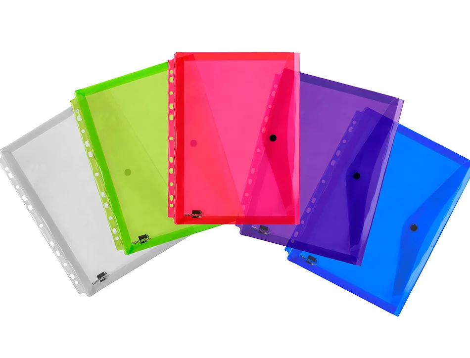 Pochette enveloppe liderpapel polypropylène 180 microns a4 210x297mm 50f résistant perforée coloris assortis pack 5u