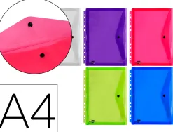 Pochette enveloppe liderpapel polypropylène 180 microns a4 210x297mm 50f résistant perforée coloris assortis pack 5u