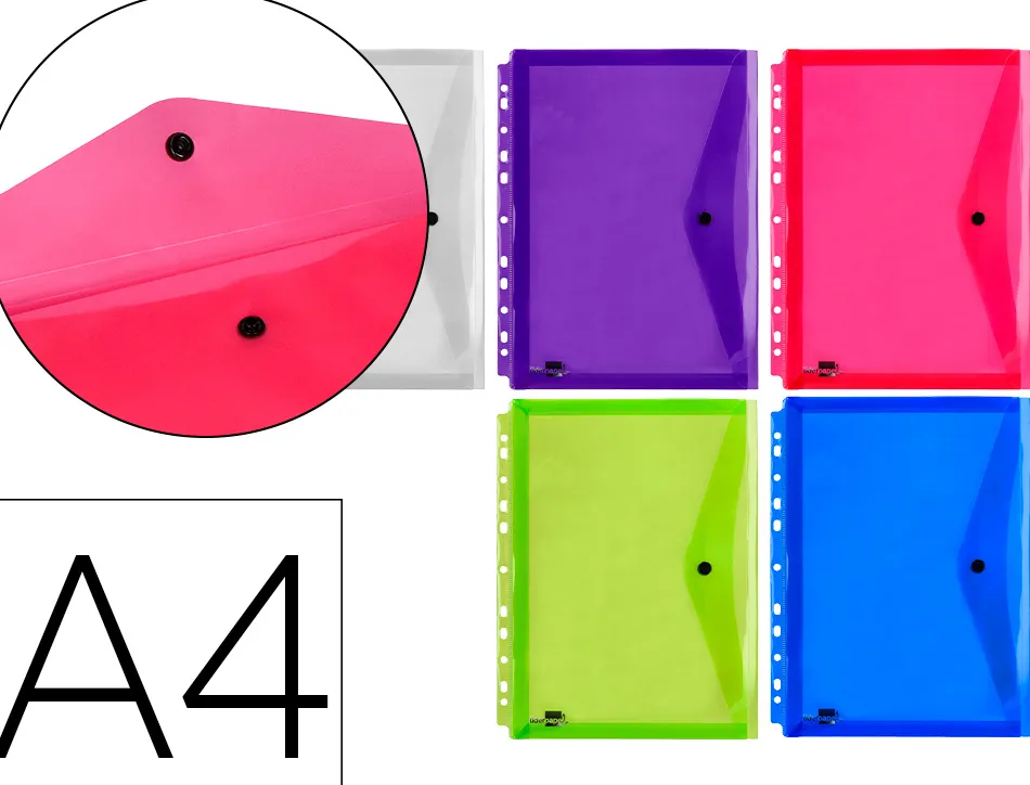 Pochette enveloppe liderpapel polypropylène 180 microns a4 210x297mm 50f résistant perforée coloris assortis pack 5u