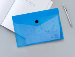 Pochette enveloppe liderpapel polypropylène 180 microns a6 148x105mm 50f fermeture bouton transparent bleu