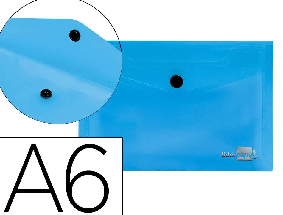 Pochette enveloppe liderpapel polypropylène 180 microns a6 148x105mm 50f fermeture bouton transparent bleu