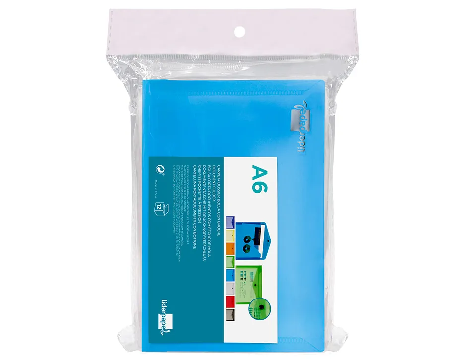 Pochette enveloppe liderpapel polypropylène 180 microns a6 148x105mm 50f fermeture bouton transparent bleu