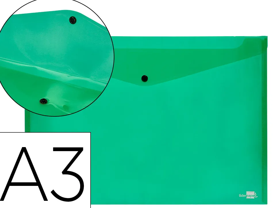 Pochette enveloppe liderpapel polypropylène 180 microns a3 420x297mm 50f fermeture bouton résistant transparent vert
