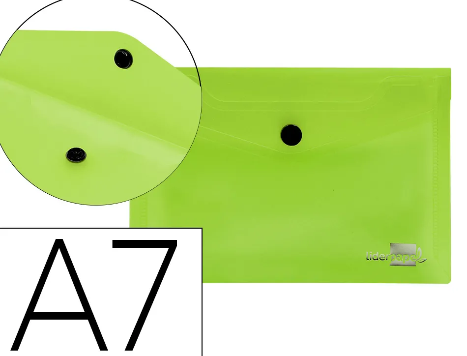 Pochette enveloppe liderpapel polypropylène 180 microns a7 105x74mm 50f fermeture bouton résistant transparent vert