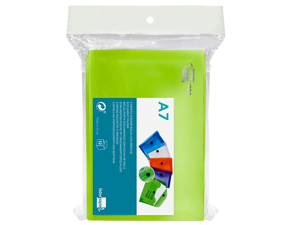 Pochette enveloppe liderpapel polypropylène 180 microns a7 105x74mm 50f fermeture bouton résistant transparent vert
