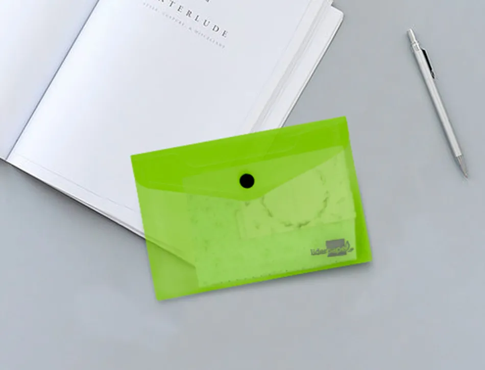 Pochette enveloppe liderpapel polypropylène 180 microns a7 105x74mm 50f fermeture bouton résistant transparent vert