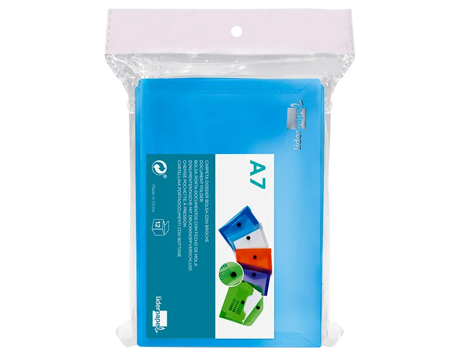 Pochette enveloppe liderpapel polypropylène 180 microns a7 105x74mm 50f fermeture bouton résistant transparent bleu