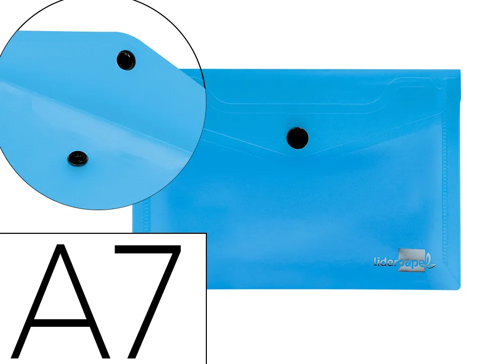 Pochette enveloppe liderpapel polypropylène 180 microns a7 105x74mm 50f fermeture bouton résistant transparent bleu