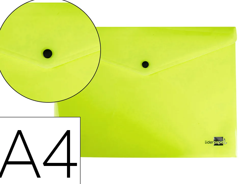 Pochette enveloppe liderpapel polypropylene 180 microns a4 97x210mm 50f fermeture bouton jaune fluo opaque