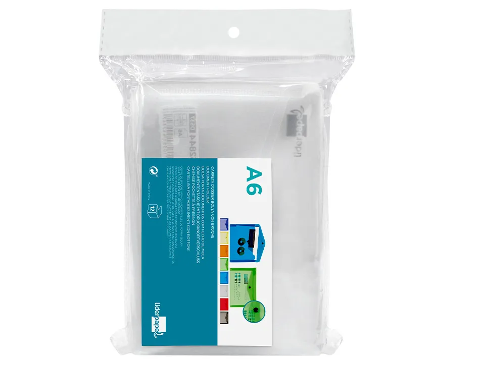 Pochette enveloppe liderpapel polypropylène 180 microns a6 148x105mm 50f fermeture bouton transparent