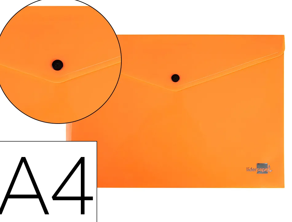 Pochette enveloppe liderpapel polypropylene 180 microns a4 97x210mm 50f fermeture bouton orange fluo opaque