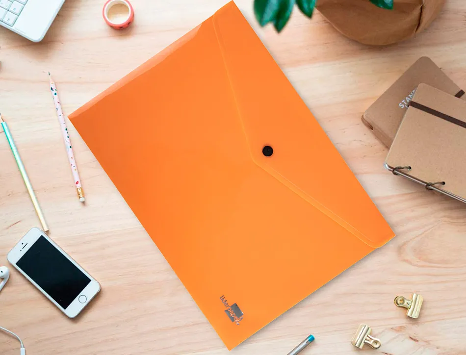 Pochette enveloppe liderpapel polypropylene 180 microns a4 97x210mm 50f fermeture bouton orange fluo opaque