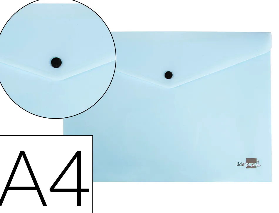 Pochette enveloppe liderpapel polypropylene 180 microns a4 97x210mm 50f fermeture bouton bleu ciel opaque