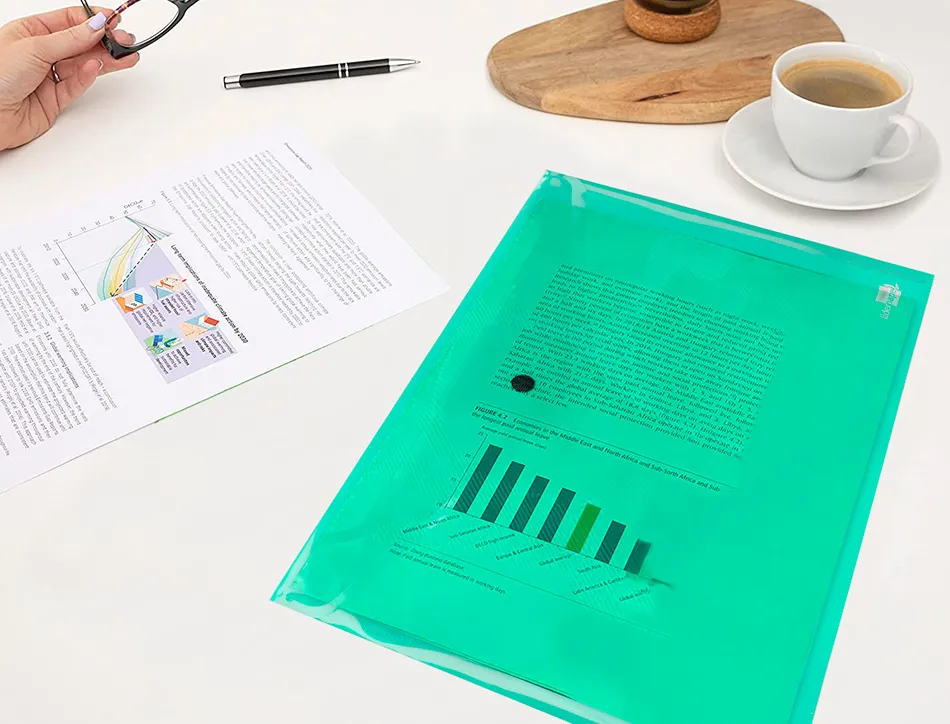 Pochette enveloppe liderpapel polypropylène 180 microns a4 297x210mm 50f fermeture bouton résistant transparent vert