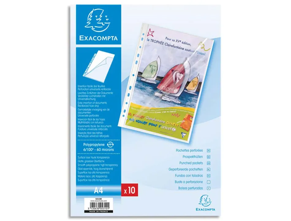 Pochette exacompta polypropylène lisse 6/100e perforée a4 ouverture coin sachet 10 unités
