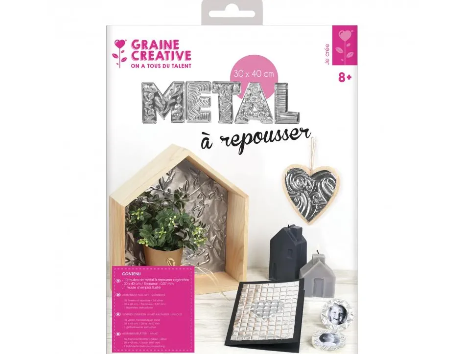 Pochette feuilles aluminium metal a repousser graine creative 40x30cm 10 feuilles coloris argent