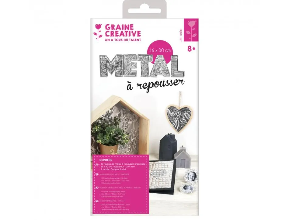 Pochette feuilles aluminium metal a repousser graine creative 30x16cm 10 feuilles coloris argent