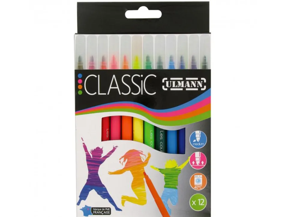 Pochette feutres de coloriage ulmann pointe moyenne bloquee 12 unites coloris assortis