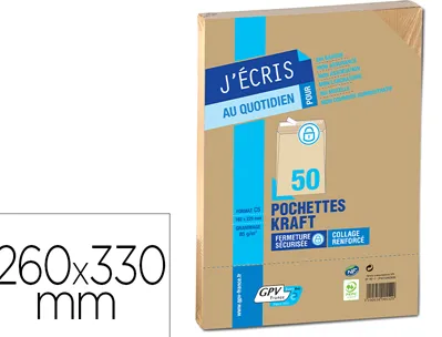 Pochette gpv kraft brun 90g silencieux auto-adhésive 260x330mm sachet 50 unités