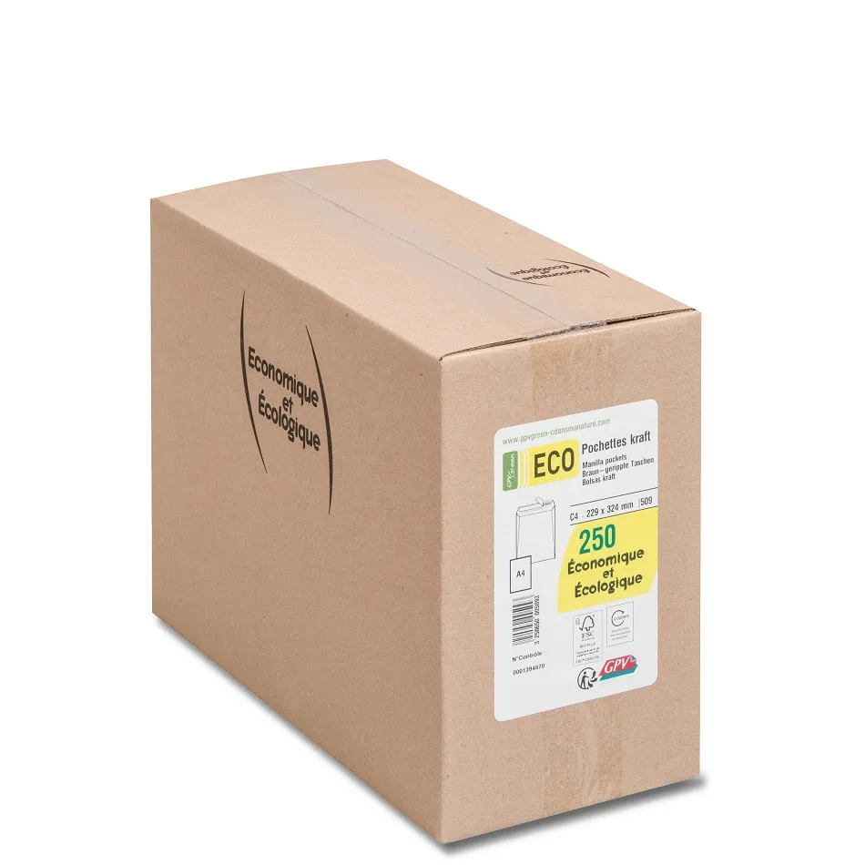 Pochette gpv kraft brun recycle 90g c4 229x324mm adhesive bande de protection boite 250 unites