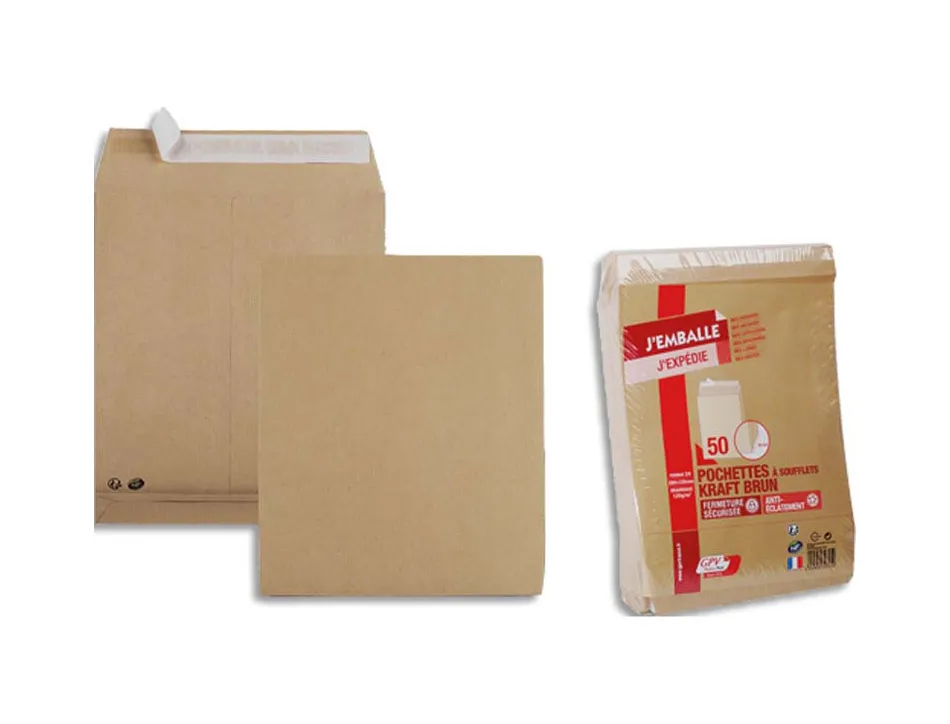 Pochette gpv kraft 120g 24 260x330mm soufflet 30mm anti-éclatement sachet 50 unités