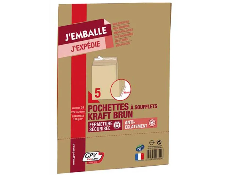 Pochette gpv kraft 120g c4 229x324mm soufflet 30mm anti-éclatement paquet 5 unités
