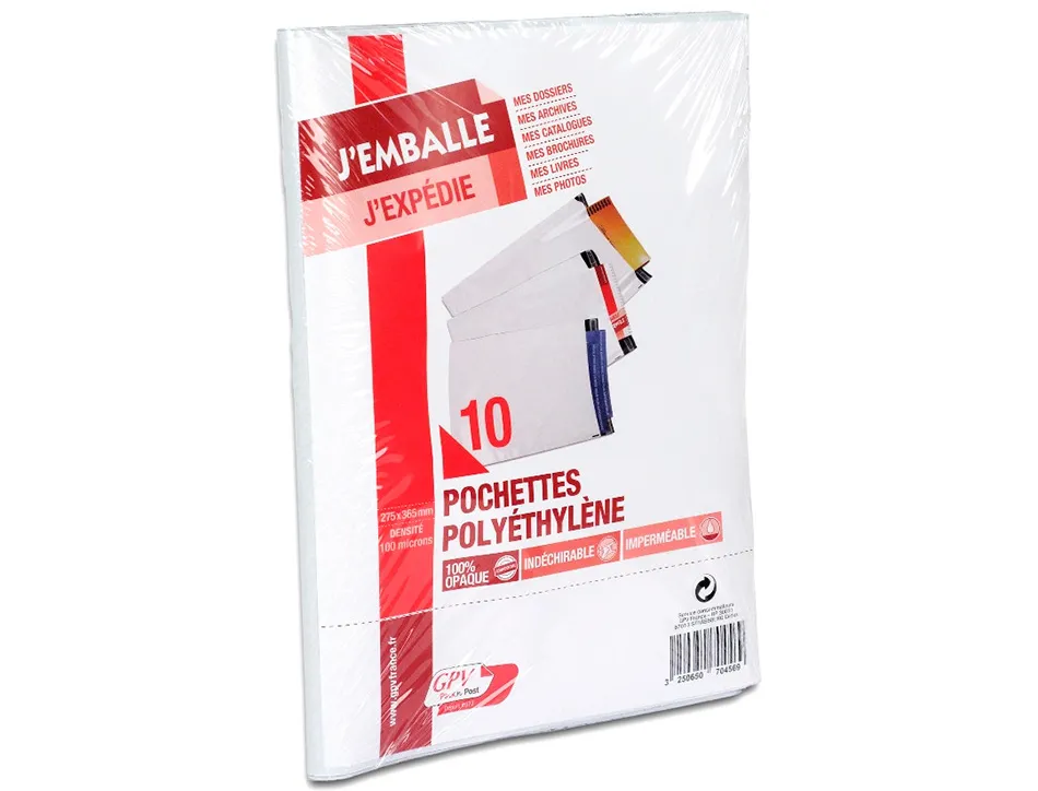 Pochette gpv polyethylene adhesive 275x365 blanc/noir paquet de 10