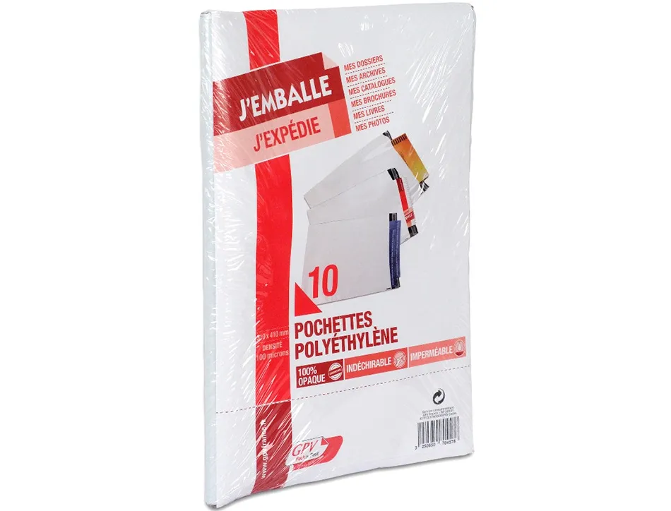 Pochette gpv polyethylene adhesive 310x410 blanc/noir paquet de 10
