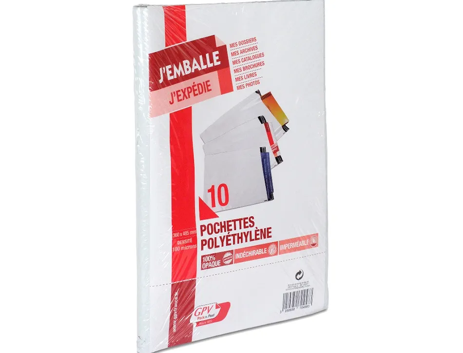 Pochette gpv polyethylene adhesive 360x485 blanc/noir paquet de 10