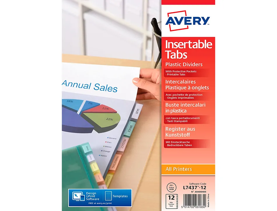 Pochette intercalaire avery pp 180 microns 12 touches ultra-résistantes onglet personnalisable coloris transparent
