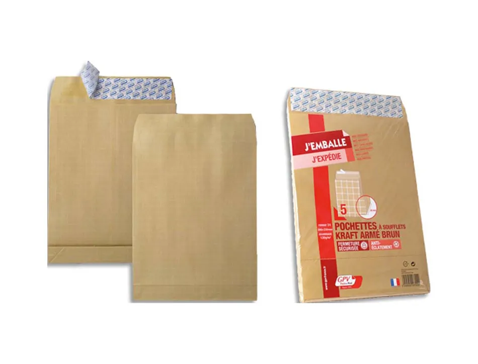 Pochette kraft armé 120g adhésive économique 24 260x330mm soufflets latéraux 30mm paquet 5 unités