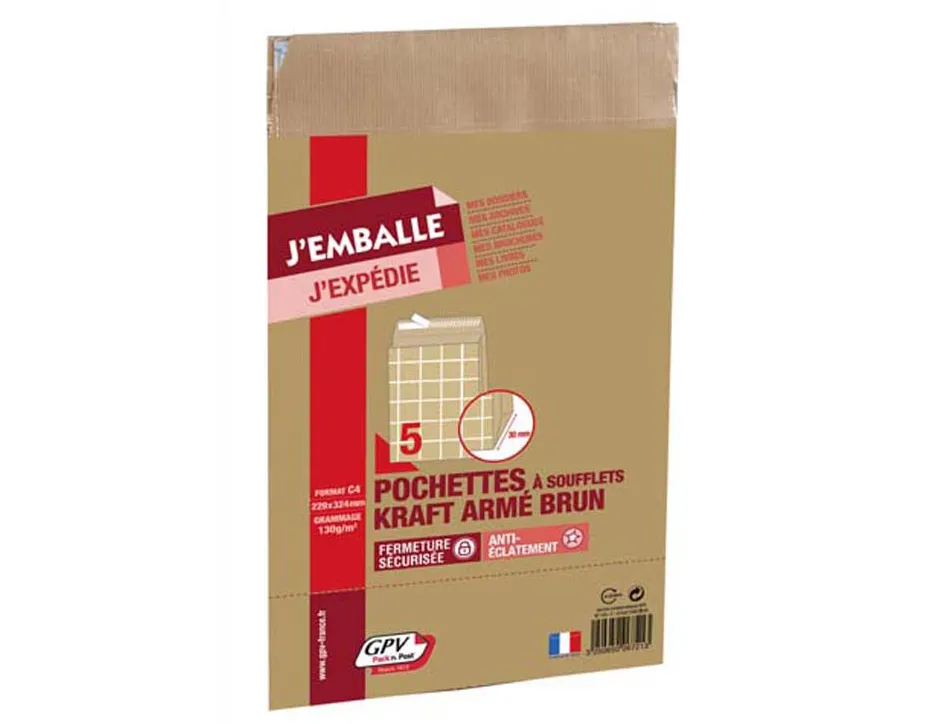 Pochette kraft armé 120g adhésive économique c4 229x324mm soufflets latéraux 30mm paquet 5 unités