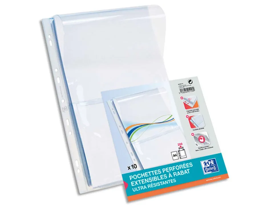 Pochette oxford pvc lisse 30/100e perforée cristal a4 plans rabat soufflet 2cm capacité 200f sachet 10 unités