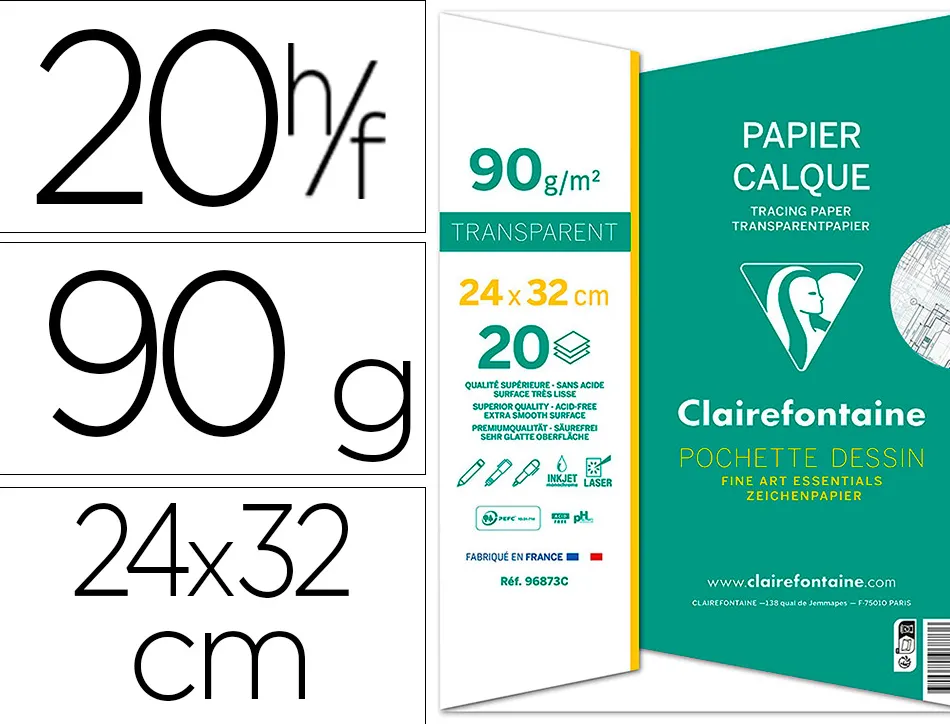 Pochette papier calque clairefontaine 90/95gr 24x32cm 20f