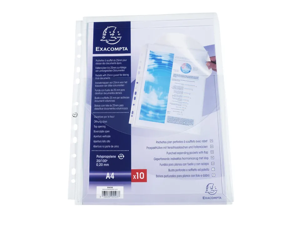 Pochette perforee exacompta a4 pp soufflet 25mm ouverture haut paquet 10 unites