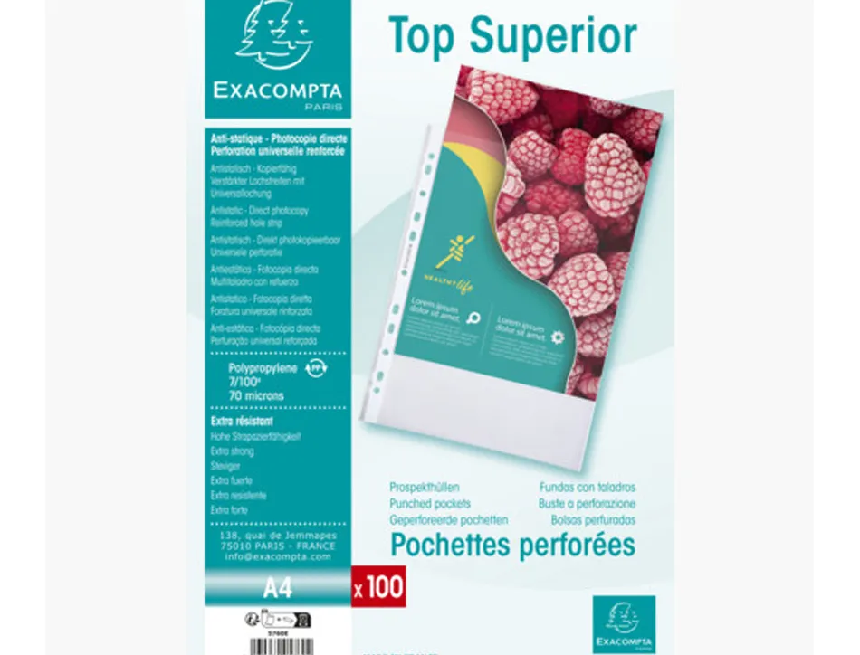 Pochette perforee exacompta a4 pp graine 7/100eme 70 microns paquet 100 unites