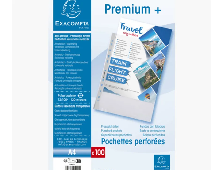 Pochette perforee exacompta a4 pp lisse 12/100eme 120 microns paquet 100 unites