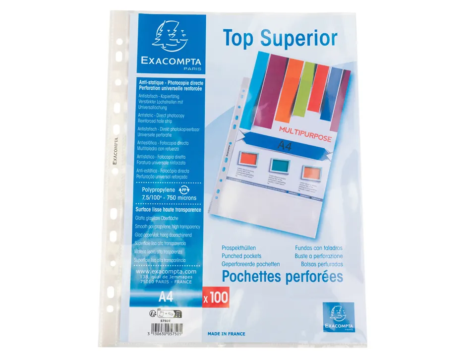 Pochette perforee exacompta a4 pp lisse 7/100eme 75 microns paquet 100 unites