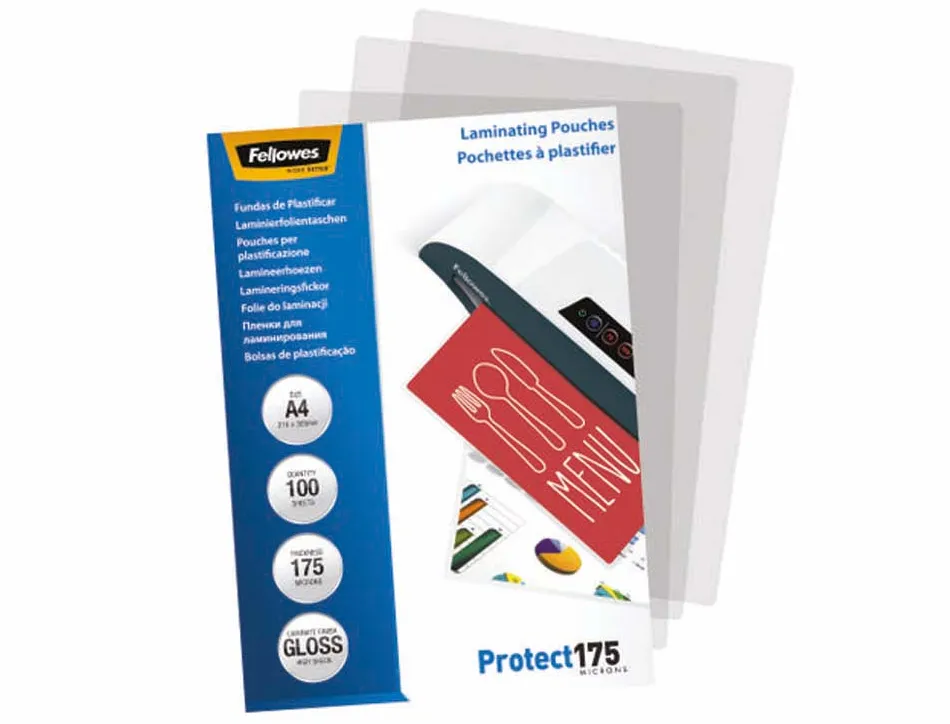 Pochette plastification fellowes à chaud polyester transparent résistant eau format a4 175 microns boîte 100 unités