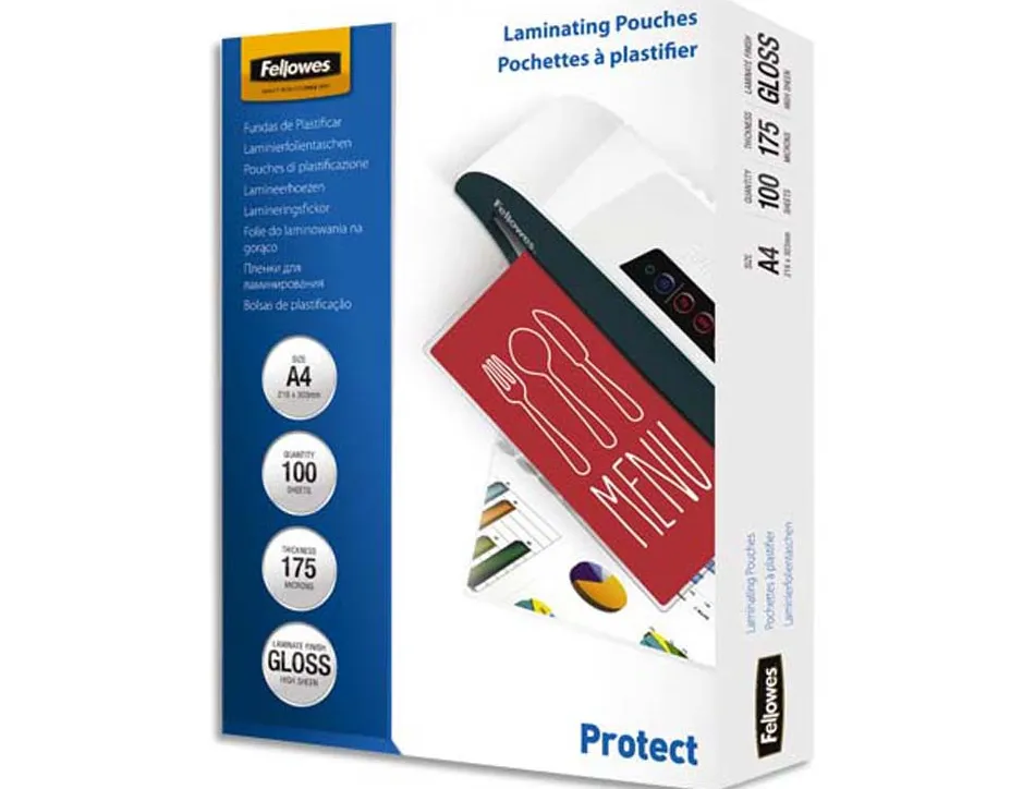 Pochette plastification fellowes à chaud polyester transparent résistant eau format a4 175 microns boîte 100 unités