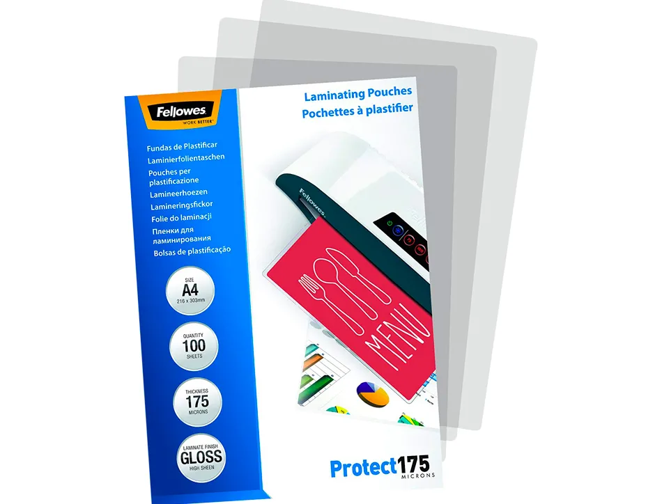 Pochette plastification fellowes à chaud polyester transparent résistant eau format a4 175 microns boîte 100 unités