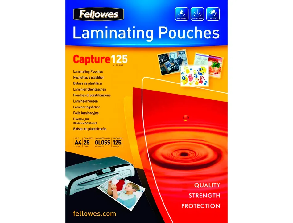 Pochette plastification fellowes à chaud polyester transparent résistant eau format a4 125 microns boîte 25 unités