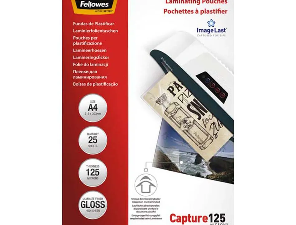 Pochette plastification fellowes à chaud polyester transparent résistant eau format a4 125 microns boîte 25 unités